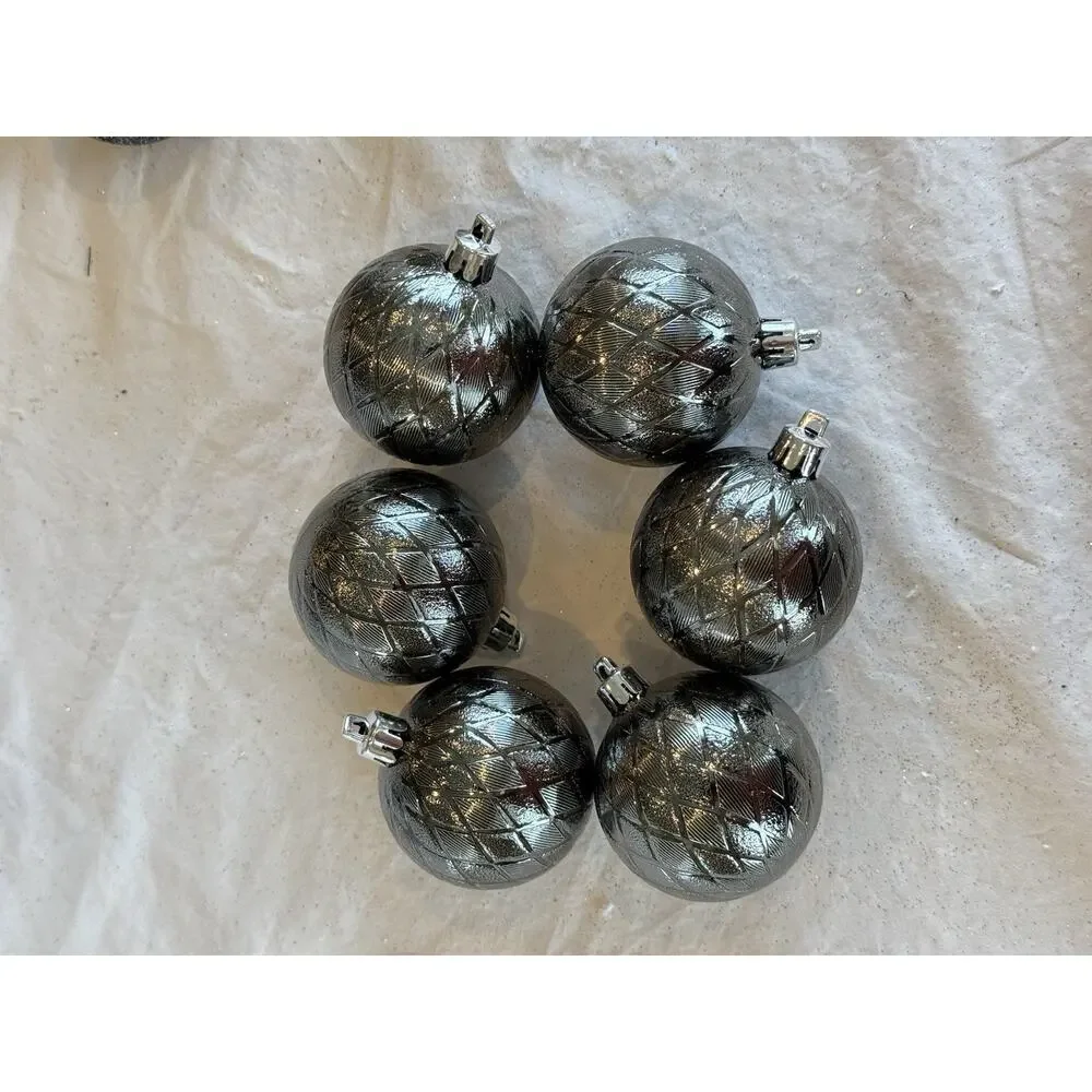 Set of 18 Pewter Color Shatter Proof Ornaments 3 Styles 6/Glitter 12/Shiny 2.25